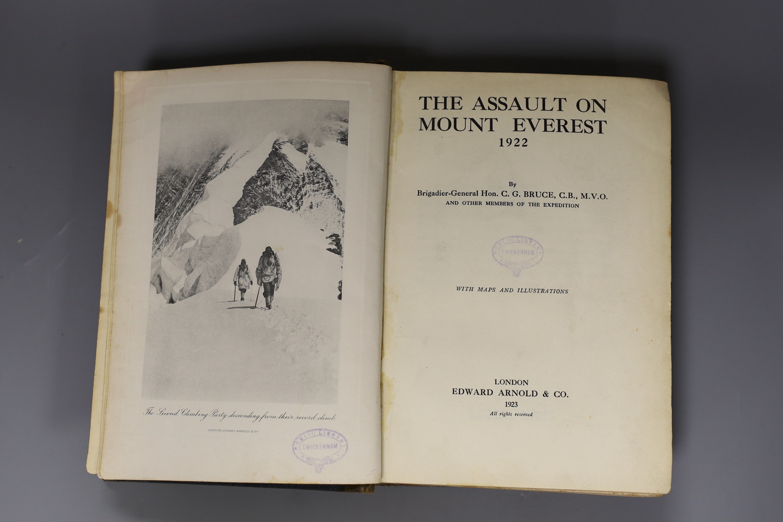 Bruce, The Assault on Mount Everest 1922, 1st edition, 8vo, quarter calf, with 2 folding maps and 34 plates, ex Twickenham public library with stamps to plates, Edward Arnold, London, 1923